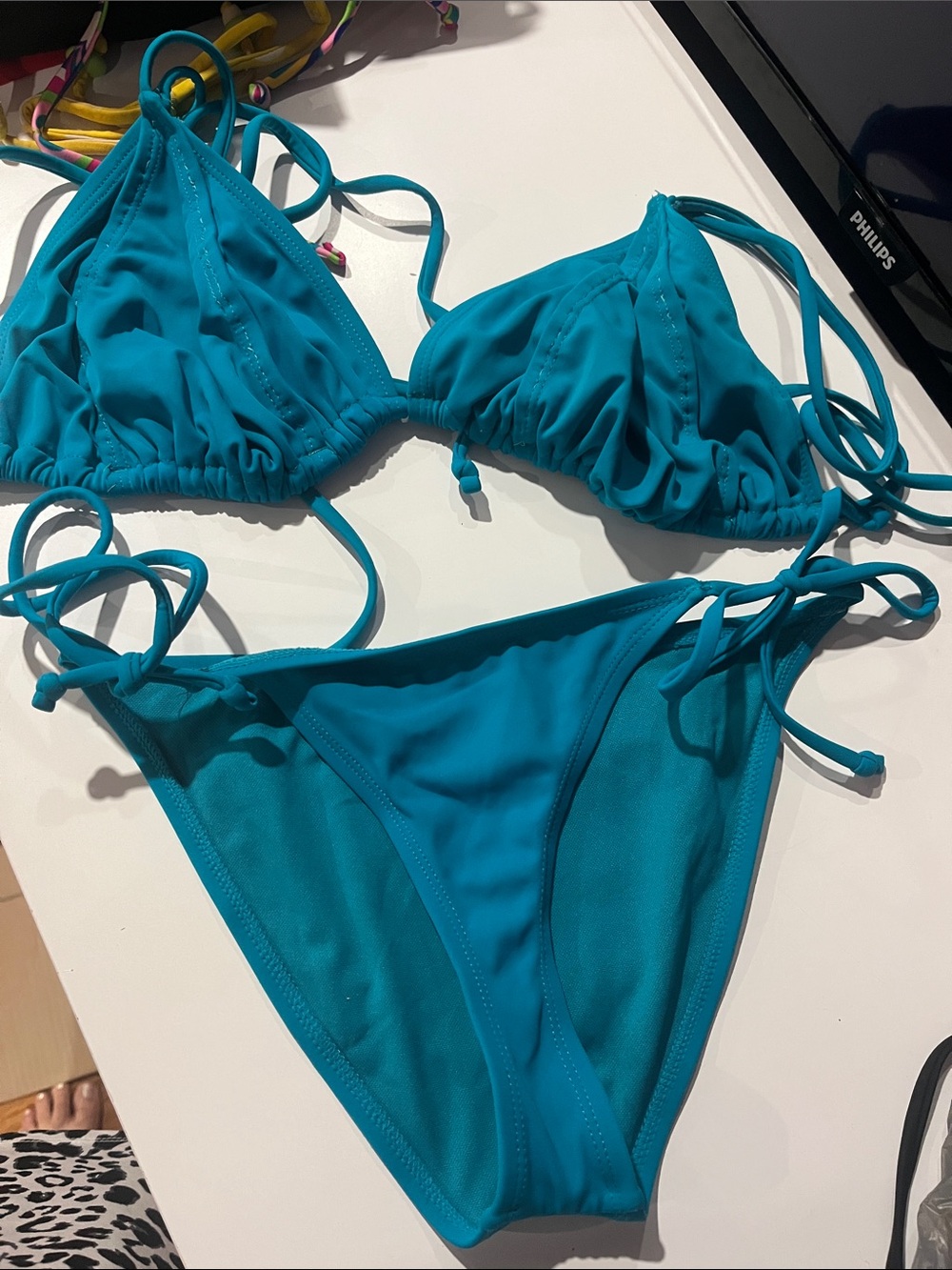 Joe Boxer Teal String Triangle Bikini Set large top small bottom